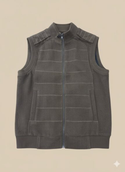 Dark grey men's padded vest with a full zipper, high collar, ribbed bottom hem, and horizontal stitching.