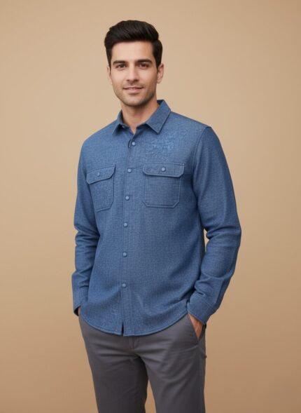 Men's blue flannel shirt, long sleeve, button-up, with two chest pockets, folded on a neutral background.