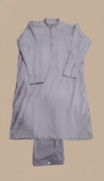 Image of a man wearing a grey embroidered kurta pajama set with detailed neckline.