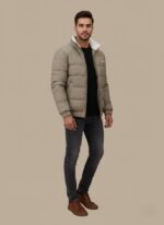 Men's Puffer Jacket with Faux Shearling Collar in a neutral tone, front view, zipper closed.