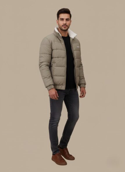 Men's Puffer Jacket with Faux Shearling Collar in a neutral tone, front view, zipper closed.