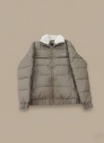 Men's Puffer Jacket with Faux Shearling Collar in a neutral tone, front view, zipper closed.