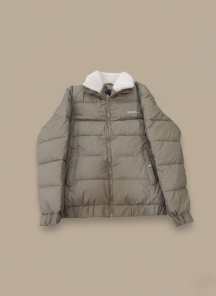 Men's Puffer Jacket with Faux Shearling Collar in a neutral tone, front view, zipper closed.