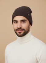 Men's dark ribbed knit beanie with white 'H' logo embroidery