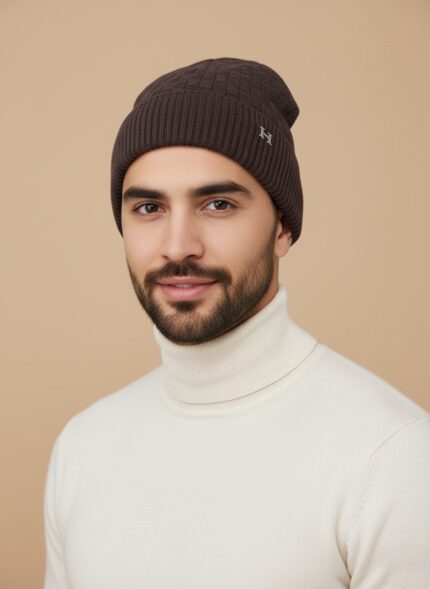 Men's dark ribbed knit beanie with white 'H' logo embroidery