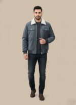 Men's Sherpa Lined Suede Jacket, deep blue-grey color, with white sherpa fleece collar and lining visible, full zip, chest pockets, warm winter coat.