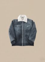 Men's Sherpa Lined Suede Jacket, deep blue-grey color, with white sherpa fleece collar and lining visible, full zip, chest pockets, warm winter coat.