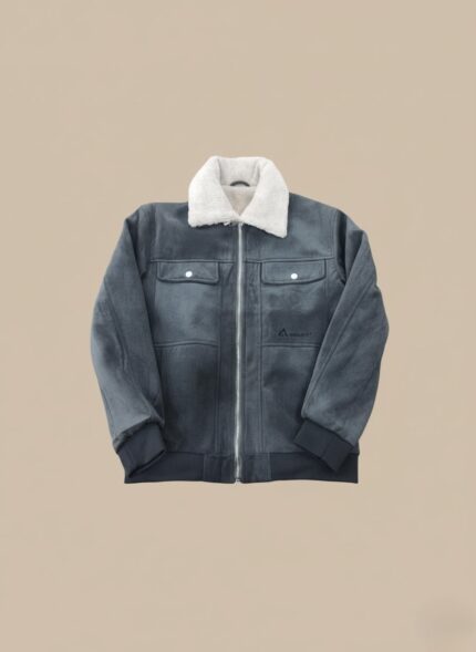 Men's Sherpa Lined Suede Jacket, deep blue-grey color, with white sherpa fleece collar and lining visible, full zip, chest pockets, warm winter coat.