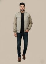 Men's stylish bomber jacket in light brown and beige, featuring a zippered front and ribbed details, suitable for spring and autumn casual wear.