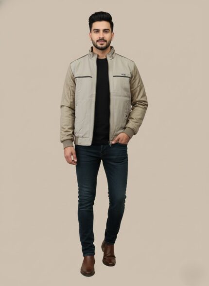 Men's stylish bomber jacket in light brown and beige, featuring a zippered front and ribbed details, suitable for spring and autumn casual wear.