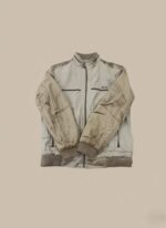 Men's stylish bomber jacket in light brown and beige, featuring a zippered front and ribbed details, suitable for spring and autumn casual wear.