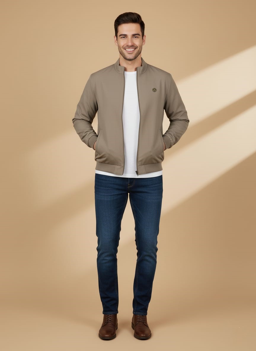 Men's Stylish Bomber Jacket - image 1 Men's bomber jacket in taupe, dark wash jeans, white t-shirt, brown shoes, full body shot, casual men's fashion