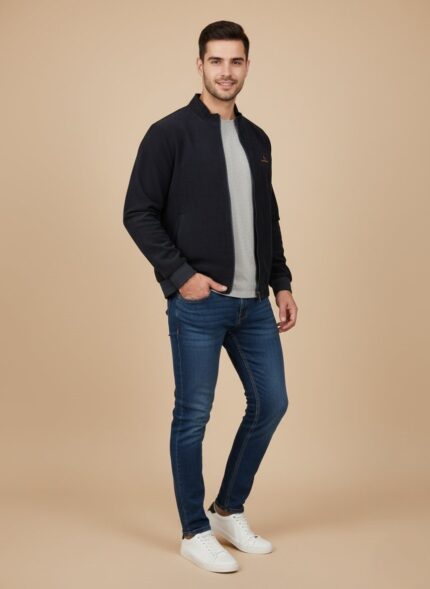 Men's dark corduroy bomber jacket with a front zipper, ribbed collar, cuffs, and hem, and two zippered pockets.