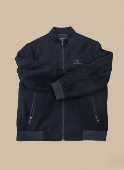 Men's dark corduroy bomber jacket with a front zipper, ribbed collar, cuffs, and hem, and two zippered pockets.