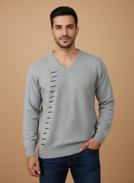 Men's Grey V-Neck Sweater with vertical blue stripe details, worn by a man with dark hair, posing against a light brown background.