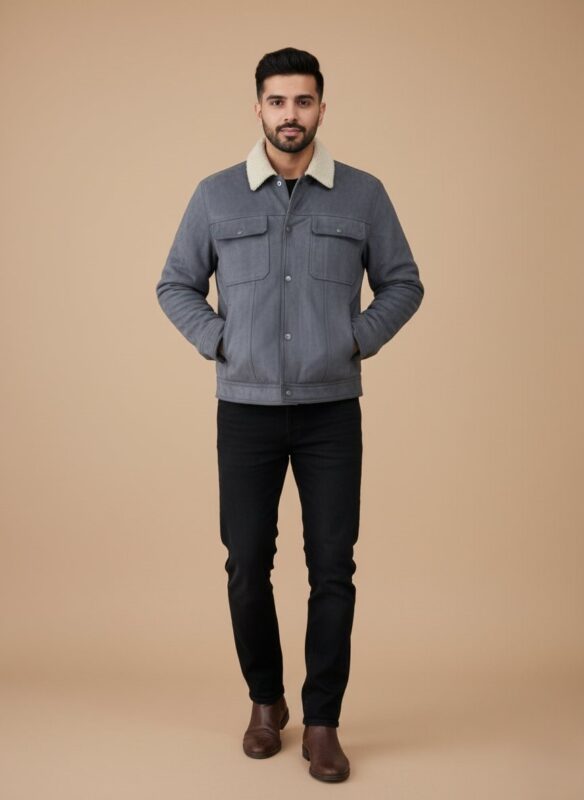 Men's dark blue suede trucker jacket with a cream sherpa collar and lining, featuring chest pockets and front button closure, displayed on a light background.