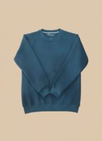 Men's teal textured crew neck sweater with a diamond-like pattern, displayed on a model, highlighting the vibrant color and soft material.