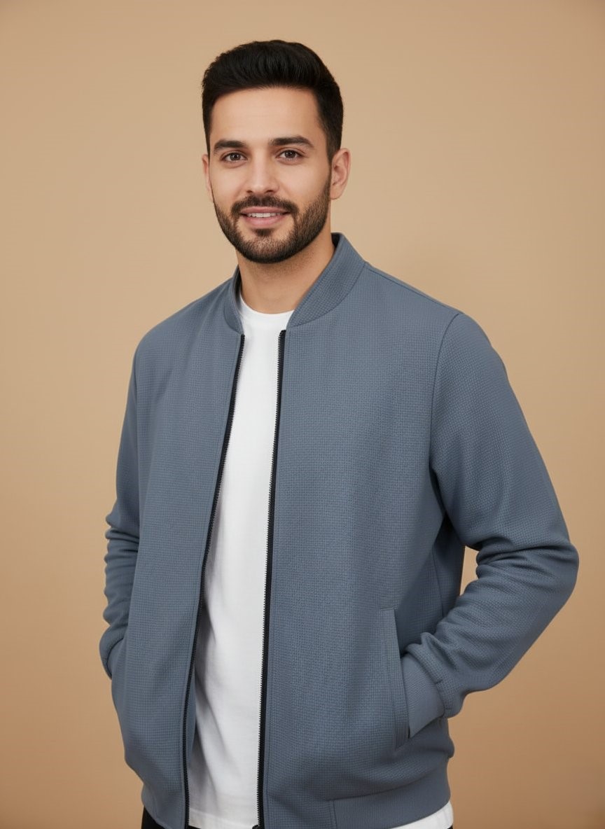 Men's Waffle Knit Zip-Up Bomber Jacket - 1 Men's slate blue waffle knit zip-up bomber jacket with ribbed collar, cuffs, and hem, and two zippered side pockets.