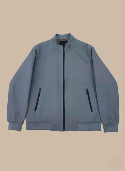 Men's slate blue waffle knit zip-up bomber jacket with ribbed collar, cuffs, and hem, and two zippered side pockets.