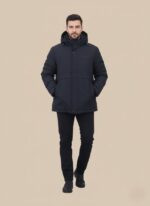 Men's waterproof insulated parka jacket in black with hood and pockets