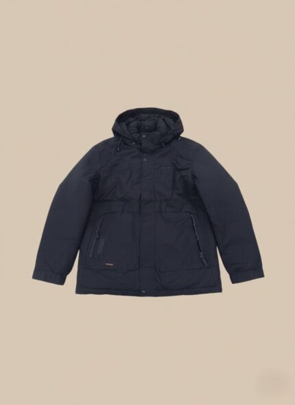 Men's waterproof insulated parka jacket in black with hood and pockets