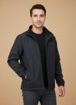 A dark grey or black men's waterproof outdoor jacket with a stand-up collar, zippers, and a subtle logo on the chest, laid flat against a light background.