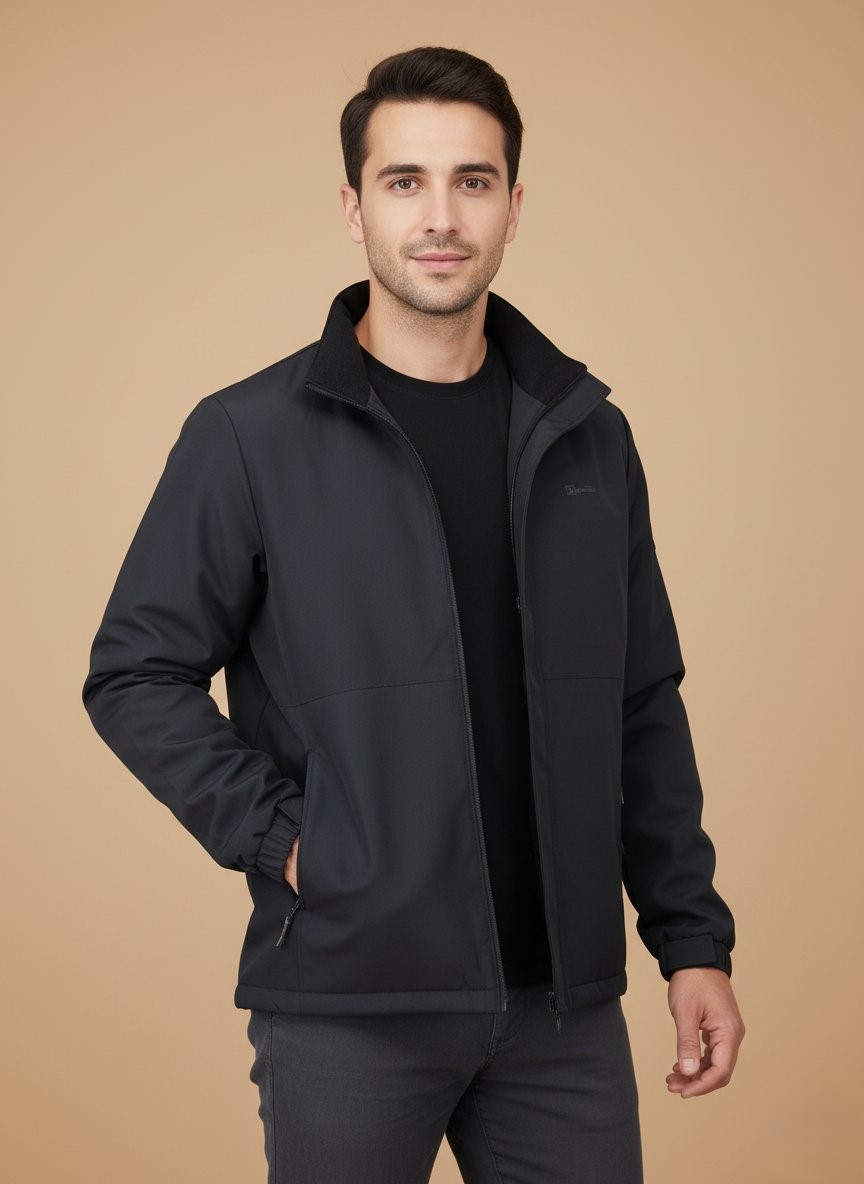 Men's Waterproof Outdoor Jacket - 1 A dark grey or black men's waterproof outdoor jacket with a stand-up collar, zippers, and a subtle logo on the chest, laid flat against a light background.
