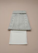 NUREH The Royal Palace NL-42 Carmela Unstitched Luxury Formals Embroidered Organza Suit in light grey, with silver hand embroidery and mukesh work on organza shirt and sleeves, embroidered organza zari dupatta, and raw silk trousers, worn by a female model.