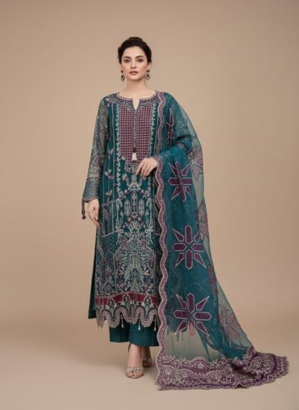 NUREH The Secret Garden NL-29 Tiara Unstitched Luxury Formals Embroidered Chiffon Suit in teal and maroon, with detailed hand embroidery on chiffon, an embroidered organza laser dupatta, and screen-printed raw silk trousers, worn by a female model.