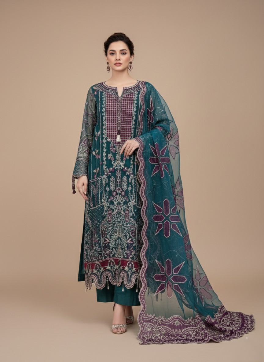 NUREH The Secret Garden NL-29 Tiara Embroidered Chiffon Luxury Suit NUREH The Secret Garden NL-29 Tiara Unstitched Luxury Formals Embroidered Chiffon Suit in teal and maroon, with detailed hand embroidery on chiffon, an embroidered organza laser dupatta, and screen-printed raw silk trousers, worn by a female model.