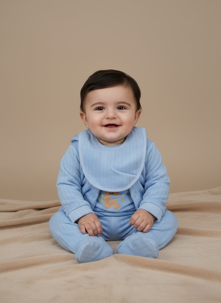 Newborn Baby Blue Teddy Bear Outfit Set - 7-Piece Cotton Layette - 1 Newborn baby blue teddy bear outfit set with 7 pieces including a long-sleeve top, footed sleeper, hooded jacket, pants, bib, and swaddle blanket, all made of soft cotton with teddy bear embroidery.