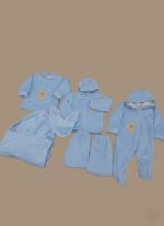 Newborn baby blue teddy bear outfit set with 7 pieces including a long-sleeve top, footed sleeper, hooded jacket, pants, bib, and swaddle blanket, all made of soft cotton with teddy bear embroidery.