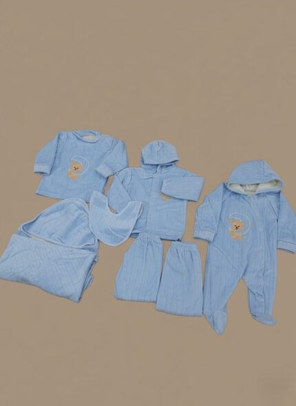 Newborn baby blue teddy bear outfit set with 7 pieces including a long-sleeve top, footed sleeper, hooded jacket, pants, bib, and swaddle blanket, all made of soft cotton with teddy bear embroidery.