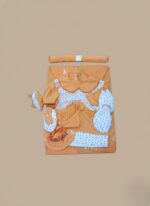 Soft and breathable newborn baby clothing set featuring six coordinated cotton pieces in peach-orange tones. Perfect for everyday wear or gifting newborns.