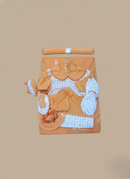 Soft and breathable newborn baby clothing set featuring six coordinated cotton pieces in peach-orange tones. Perfect for everyday wear or gifting newborns.