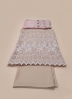 PECHE J'adore le Pastel Wedding Festive Suit with cream embroidered chiffon shirt, pink embroidered chiffon dupatta, and raw silk trousers, worn by a female model.