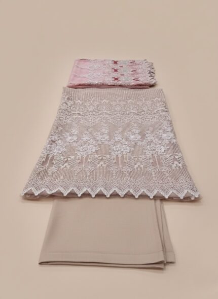 PECHE J'adore le Pastel Wedding Festive Suit with cream embroidered chiffon shirt, pink embroidered chiffon dupatta, and raw silk trousers, worn by a female model.