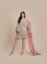 PECHE J'adore le Pastel Wedding Festive Suit with cream embroidered chiffon shirt, pink embroidered chiffon dupatta, and raw silk trousers, worn by a female model.