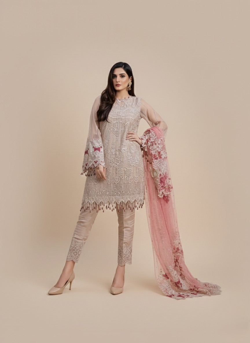 PECHE J'adore le Pastel Wedding Festive Embroidered Chiffon Suit PECHE J'adore le Pastel Wedding Festive Suit with cream embroidered chiffon shirt, pink embroidered chiffon dupatta, and raw silk trousers, worn by a female model.