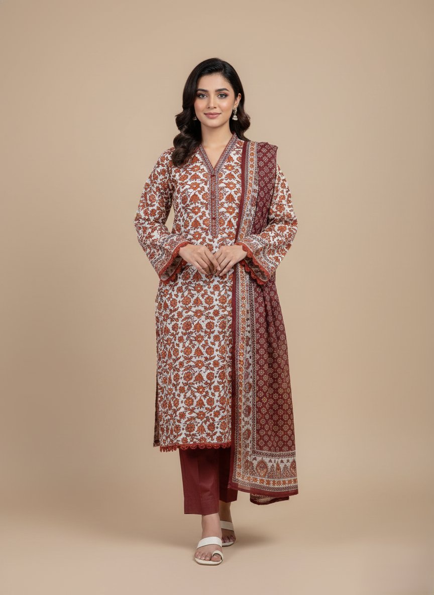 Palwasha Floral Print 3 PC Unstitched Lawn Fabric Suit - Summer Collection - 1 Palwasha floral print 3 PC unstitched lawn fabric suit on a wooden table, showcasing the intricate patterns of the shirt and dupatta pieces, with a product box in the background.