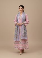 Pink cotton embroidered kurta set with dupatta, featuring a woman in traditional Pakistani or Indian attire, ideal for summer wear.