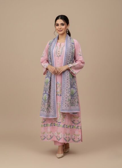 Pink cotton embroidered kurta set with dupatta, featuring a woman in traditional Pakistani or Indian attire, ideal for summer wear.