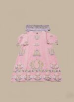 Pink cotton embroidered kurta set with dupatta, featuring a woman in traditional Pakistani or Indian attire, ideal for summer wear.