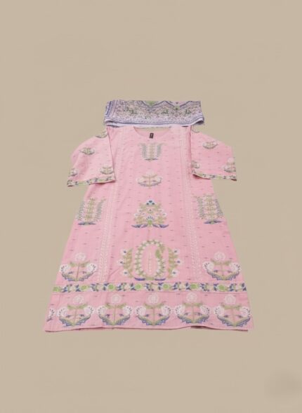 Pink cotton embroidered kurta set with dupatta, featuring a woman in traditional Pakistani or Indian attire, ideal for summer wear.