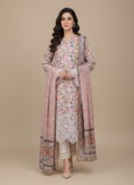 Pink floral embroidered lawn suit, 3 piece unstitched, floral print shirt, white cutwork embroidery, printed dupatta, summer collection.