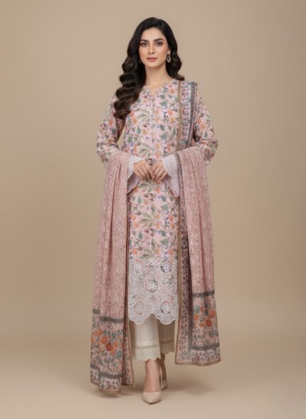 Pink floral embroidered lawn suit, 3 piece unstitched, floral print shirt, white cutwork embroidery, printed dupatta, summer collection.