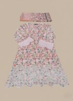 Pink floral embroidered lawn suit, 3 piece unstitched, floral print shirt, white cutwork embroidery, printed dupatta, summer collection.