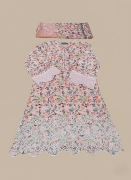 Pink floral embroidered lawn suit, 3 piece unstitched, floral print shirt, white cutwork embroidery, printed dupatta, summer collection.