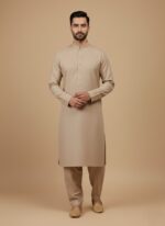 Folded premium beige cotton fabric, soft and ready for sewing projects like a sweater or other apparel.