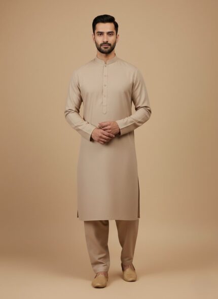 Folded premium beige cotton fabric, soft and ready for sewing projects like a sweater or other apparel.